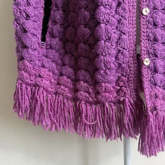 Handknit Crochet Purple Cape Poncho Wrap Sweater Chunky Fringe Granny Beige Boho - Picture 2 of 15